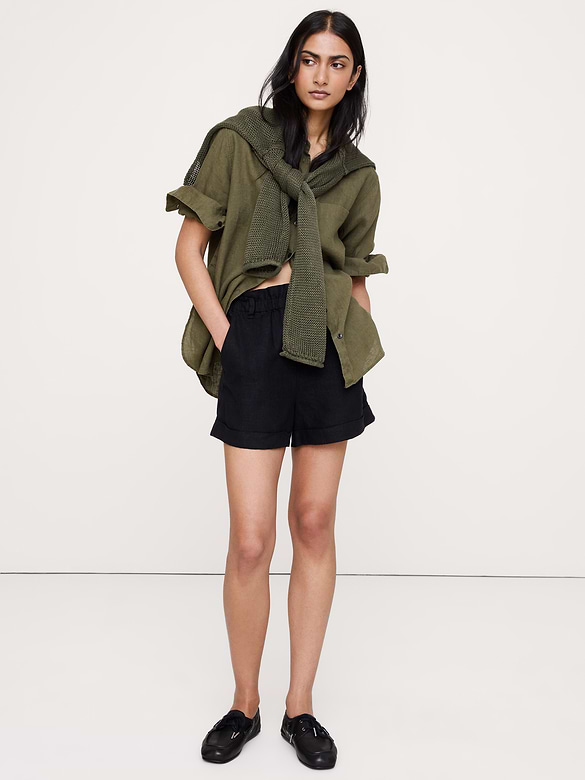 3.5" Paperbag-Waist Pull-On Linen Short