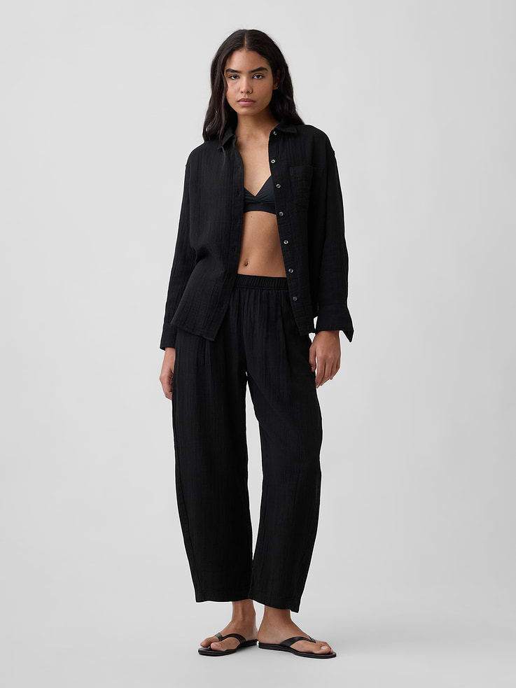 Image 1 of 7, Gauze weave with crinkled texture., Elasticized waist., Front slant pockets., This product was made in a factory that invests in gender equity and women’s empowerment through RISE. Learn more at, Product #1172677