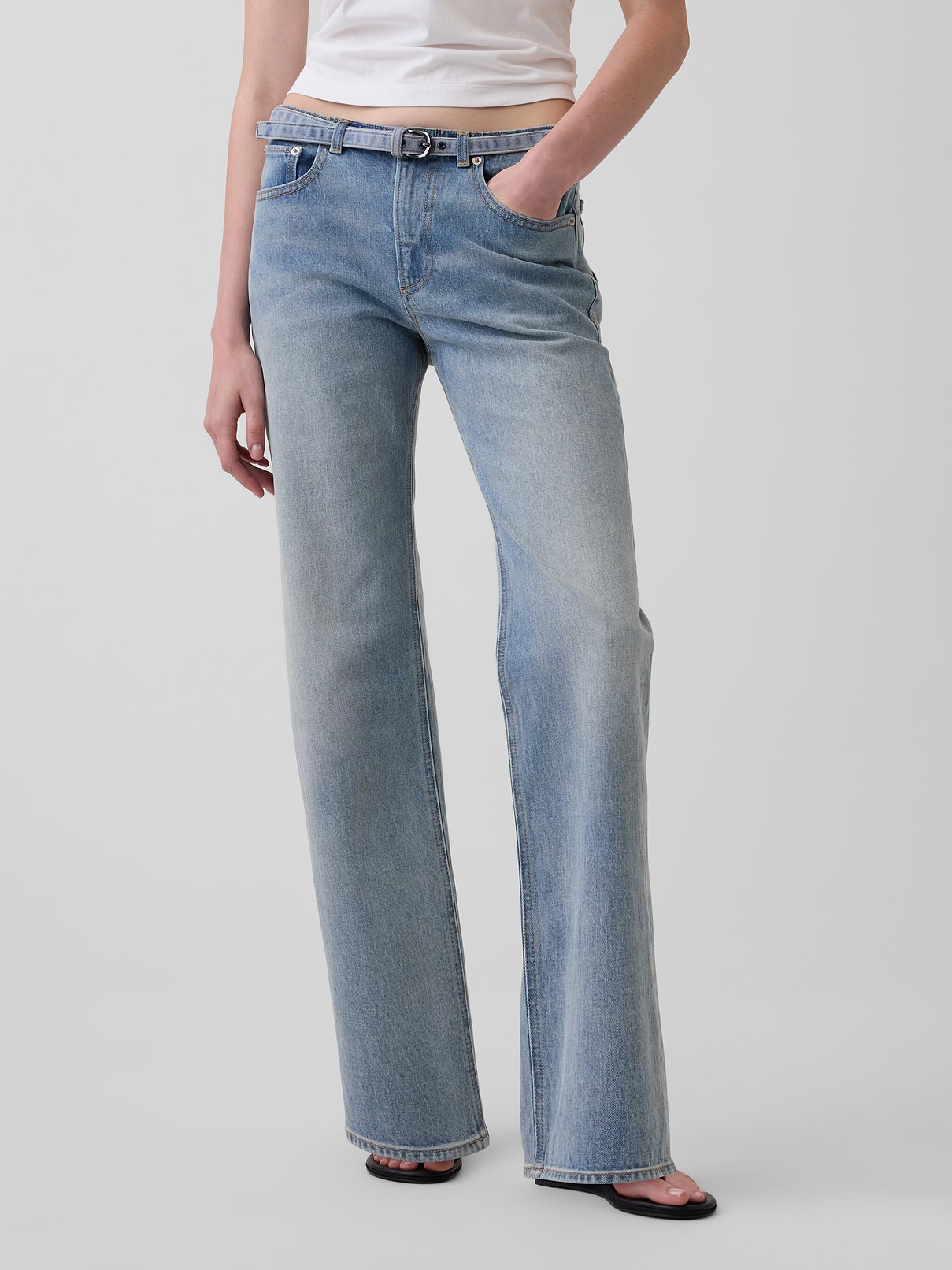 Image 2 of 6, Mid Rise Micro Belt Relaxed Straight Jeans
