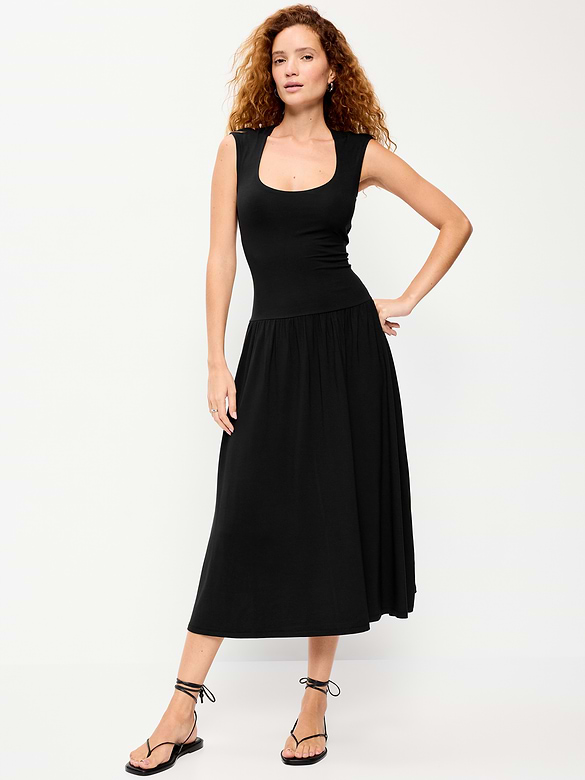 Jersey Knit Drop-Waist Midi Dress