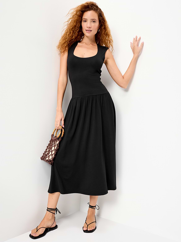 Jersey Knit Drop-Waist Midi Dress