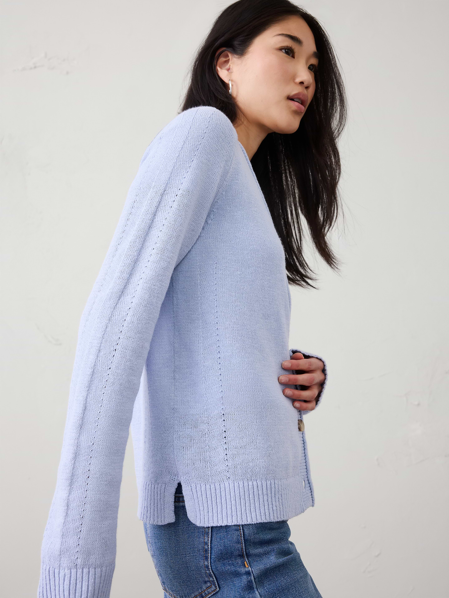 Image 3 of 4, Ramie-Cotton V-Neck Cardigan Sweater