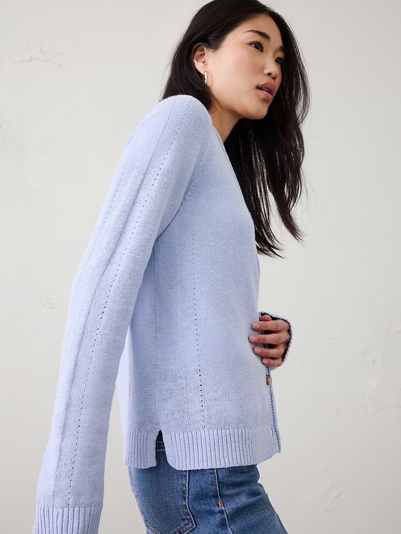 Ramie-Cotton V-Neck Cardigan Sweater