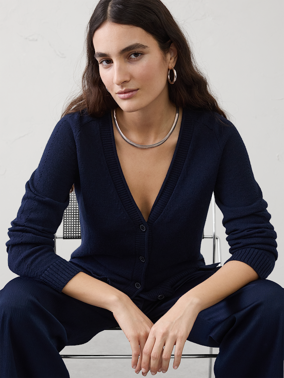 Ramie-Cotton V-Neck Cardigan Sweater
