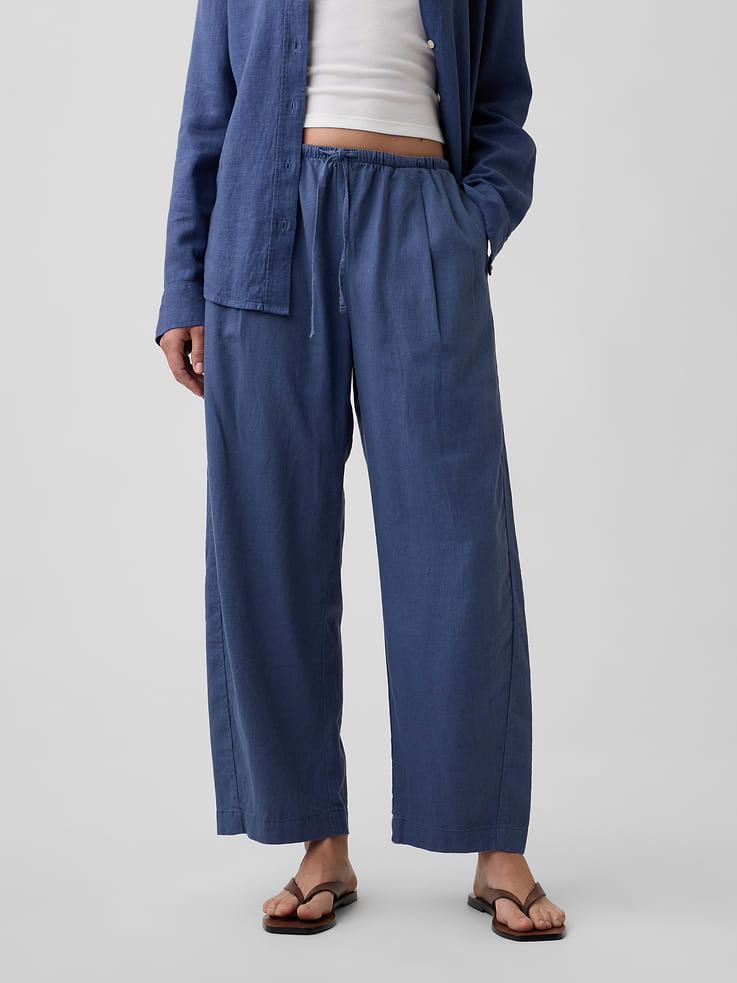 Image number 2 showing, Mid Rise Pull-On Linen-Blend Barrel Pants