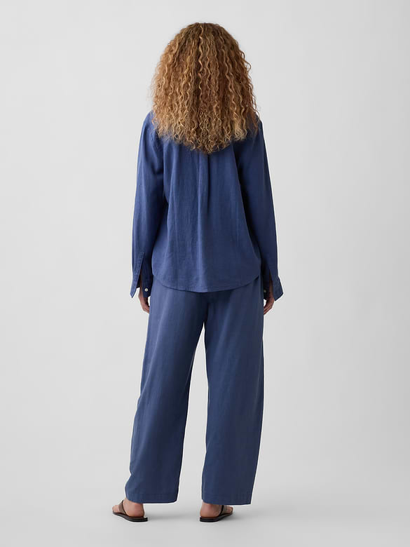 Mid Rise Pull-On Linen-Blend Barrel Pants