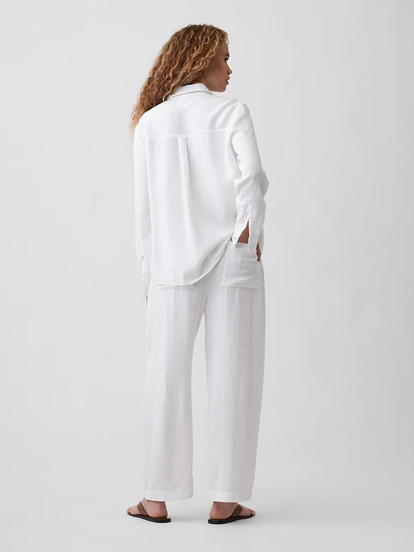 Mid Rise Pull-On Linen-Blend Barrel Pants