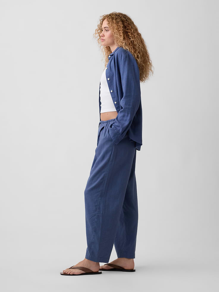 Image number 3 showing, Mid Rise Pull-On Linen-Blend Barrel Pants