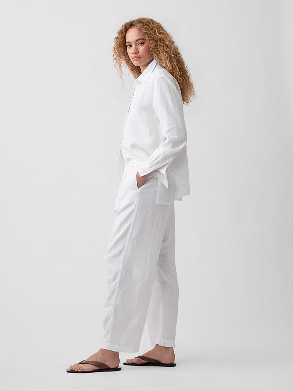 Mid Rise Pull-On Linen-Blend Barrel Pants