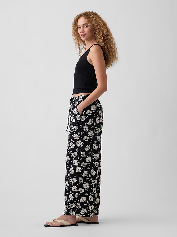Mid Rise Pull-On Wide-Leg Linen-Blend Pants