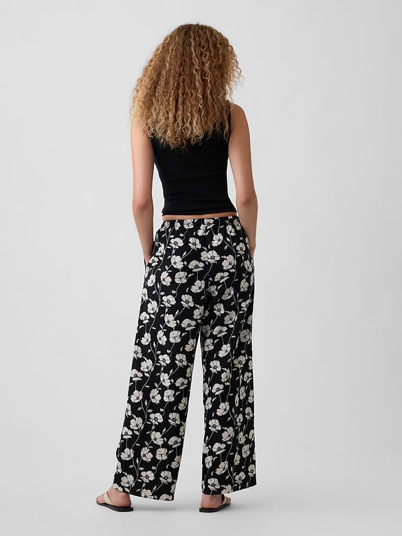 Mid Rise Pull-On Wide-Leg Linen-Blend Pants