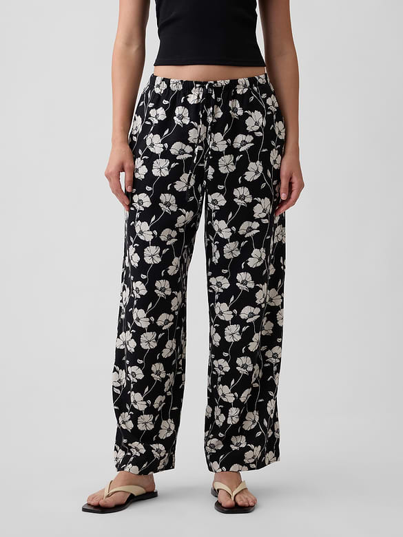 Mid Rise Pull-On Wide-Leg Linen-Blend Pants