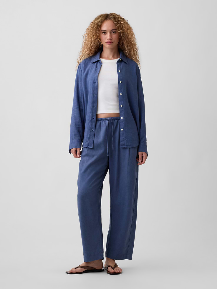 Image number 1 showing, Mid Rise Pull-On Linen-Blend Barrel Pants