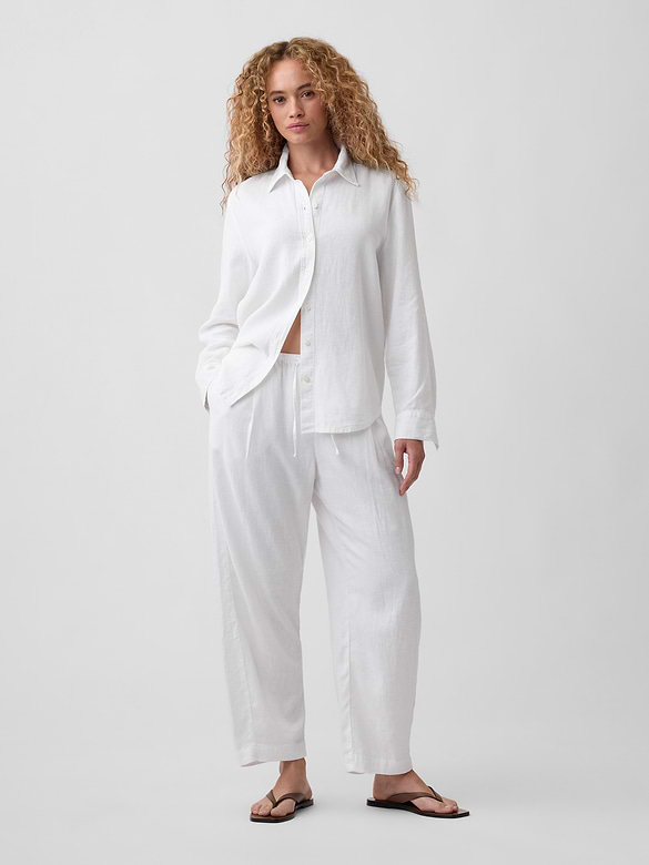 Mid Rise Pull-On Linen-Blend Barrel Pants