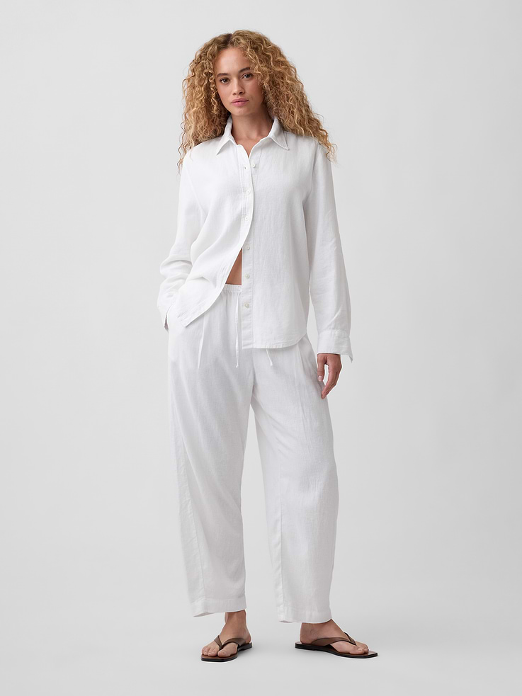 Image number 1 showing, Mid Rise Pull-On Linen-Blend Barrel Pants