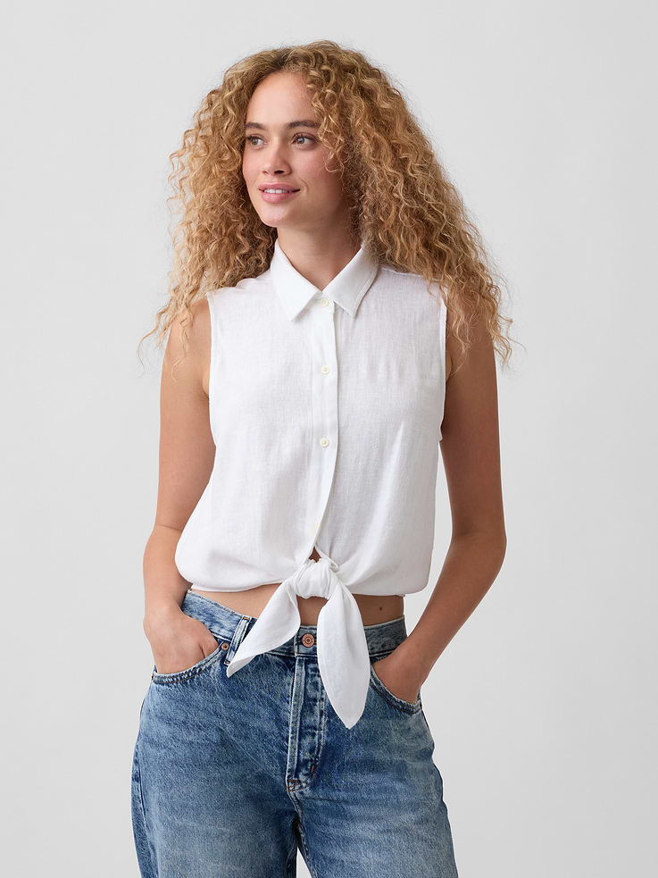 Image number 1 showing, Relaxed Sleeveless Tie-Front Shirt