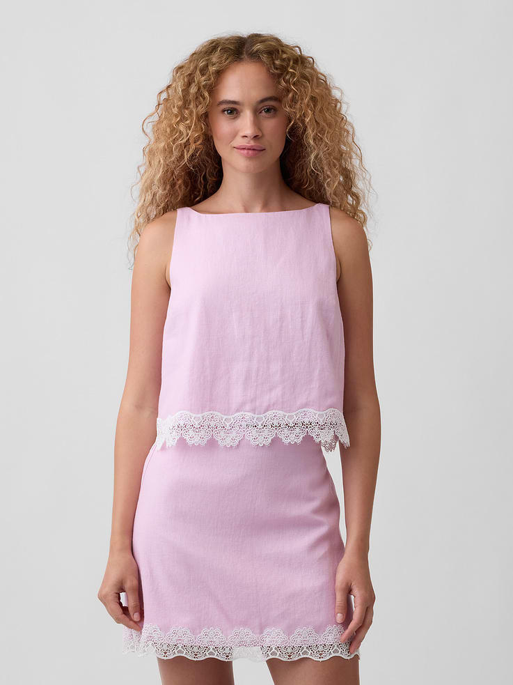 Image number 1 showing, Linen-Blend Lace-Hem Apron Top