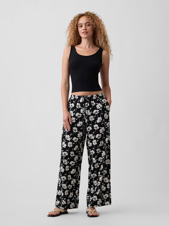 Mid Rise Pull-On Wide-Leg Linen-Blend Pants