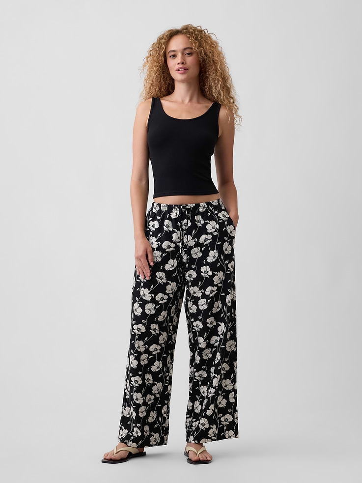 Image number 1 showing, Mid Rise Pull-On Wide-Leg Linen-Blend Pants