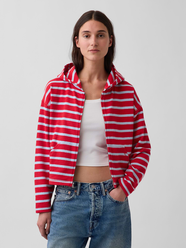 Image number 1 showing, Towel Terry Oversized Stripe Zip Hoodie