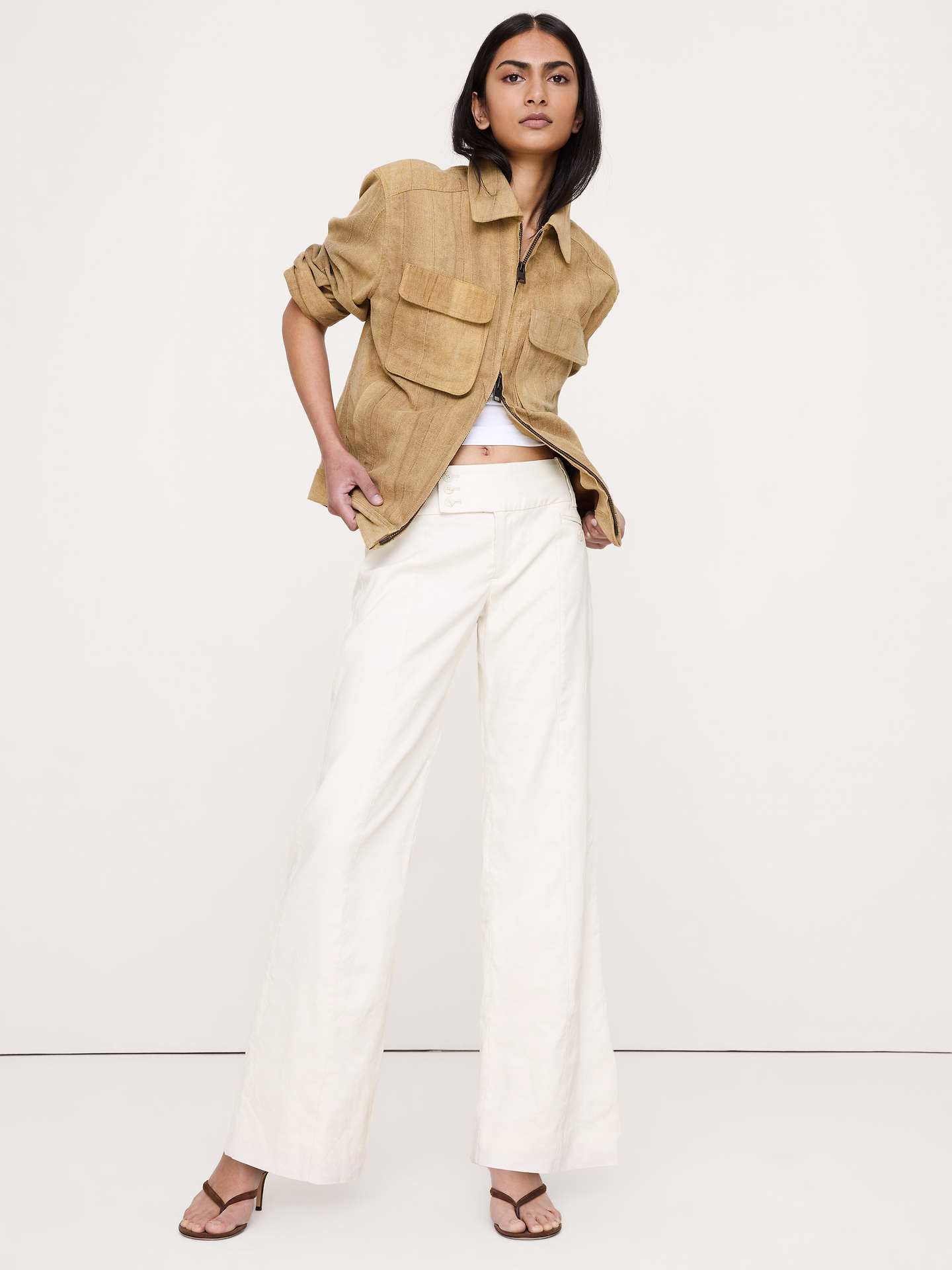 Image number 6 showing, Low-Rise Wide-Leg Stretch Linen-Viscose Pant