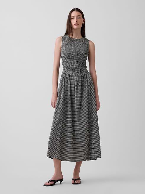 gap grey maxi dress Gingham Smocked Drop-Waist Lined bodice