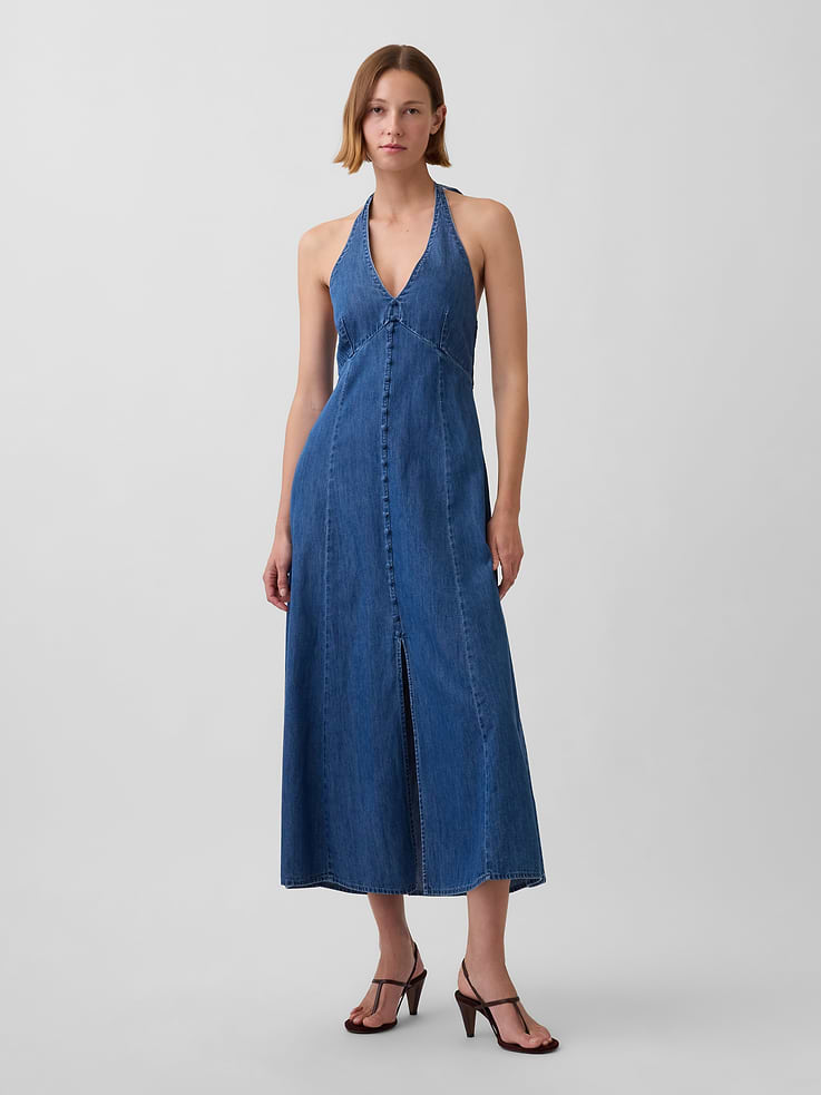 Image number 1 showing, Denim Seamed Halter Maxi Dress