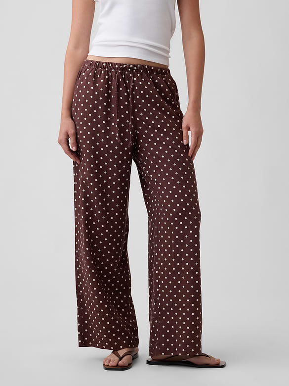 Mid Rise Pull-On Wide-Leg Linen-Blend Pants