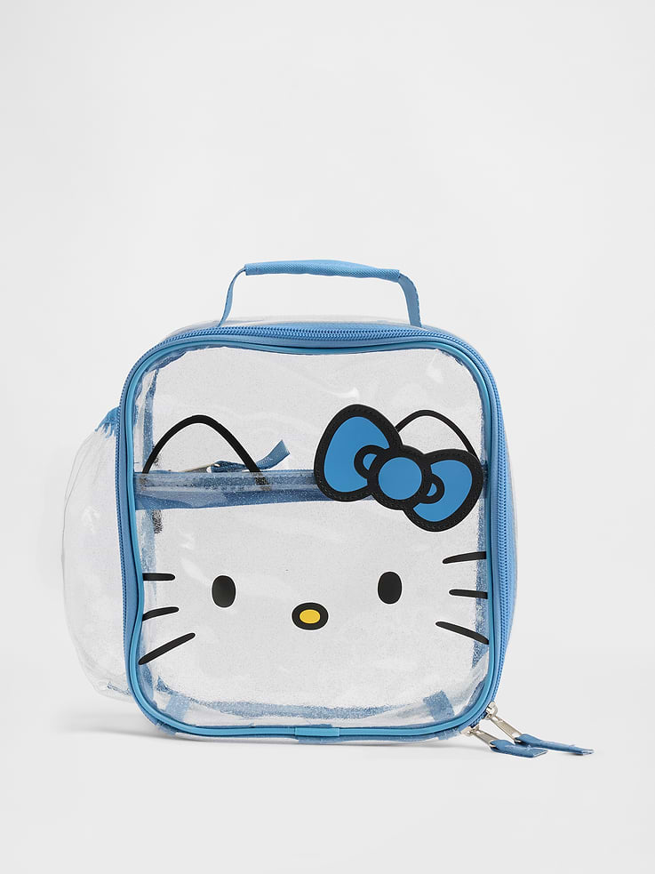 Image 1 of 3, Lunch just got cooler. Our insulated lunch bag has plenty of room for snacks, sandwiches, and their favorite water bottle., This kids lunch bag is made with a clear glitter upper., Handle at top., Double zipper closure., Flattened front zip pocket., Water bottle holder at side., Hello Kitty graphics at front., Product #899512