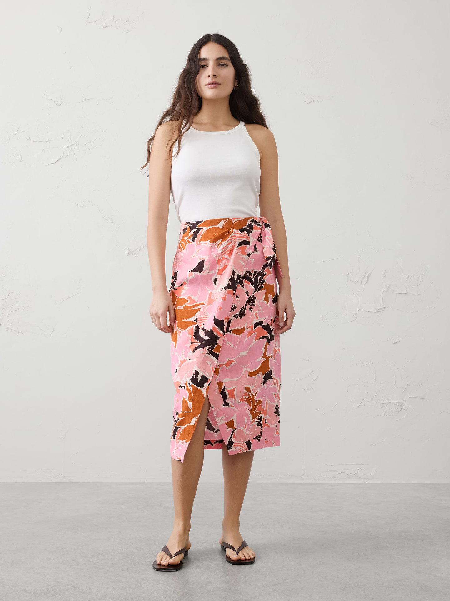 Image number 1 showing, Linen-Blend Faux-Wrap Midi Skirt