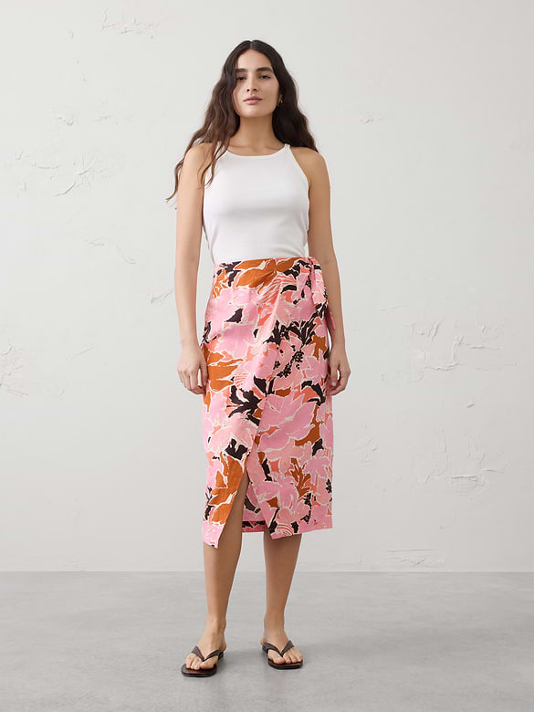 Linen-Blend Faux-Wrap Midi Skirt
