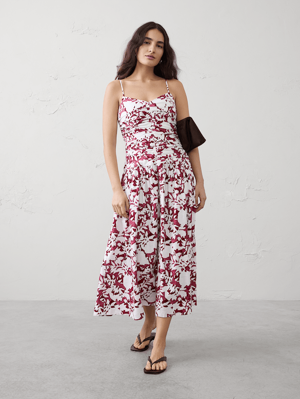 Linen-Blend Strappy Ruched-Bodice Maxi Dress