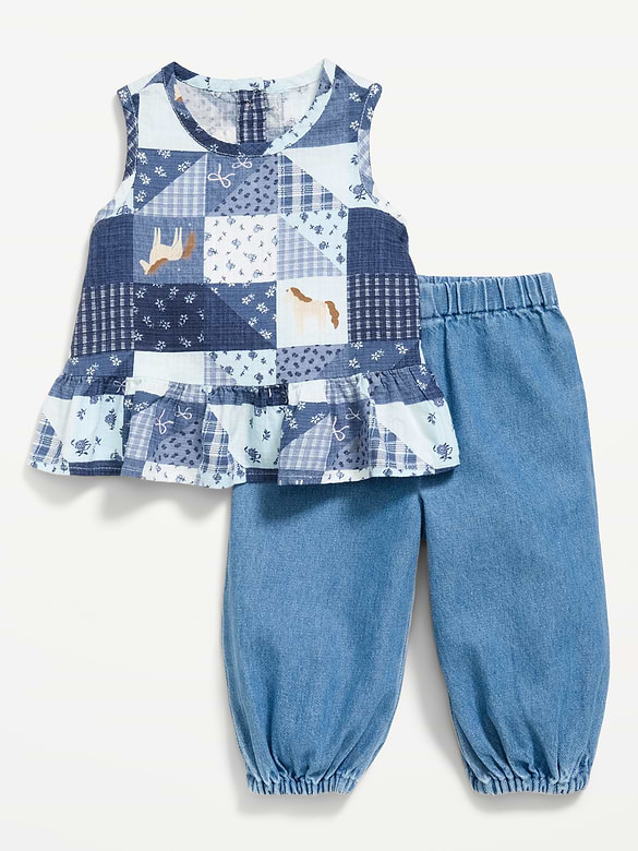 Sleeveless Patchwork Top and Pants Set for Baby