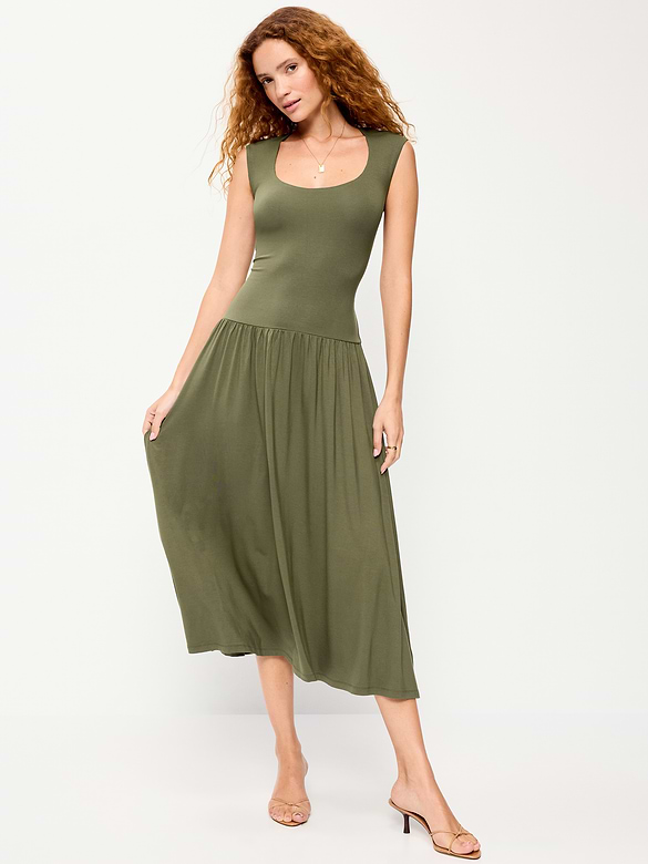 Jersey Knit Drop-Waist Midi Dress