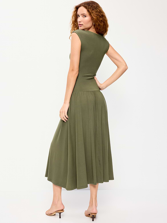 Jersey Knit Drop-Waist Midi Dress