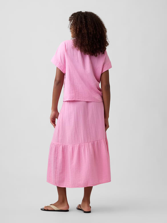 Pull-On Gauze Midi Skirt