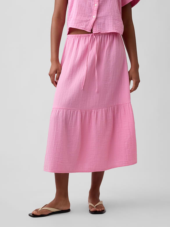 Pull-On Gauze Midi Skirt
