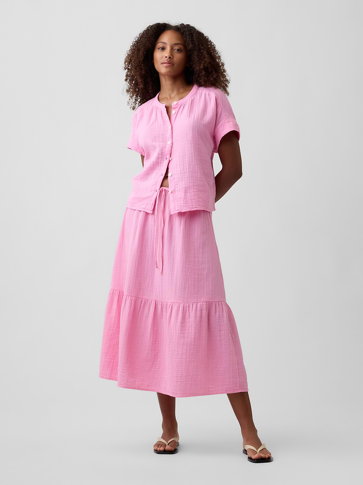 Image 1 of 5, Gauze weave with crinkled texture., Drawcord ties at elasticized waist., Shirring at skirt tier., This product was made in a factory that invests in gender equity and women’s empowerment through RISE. Learn more at, Product #1176025