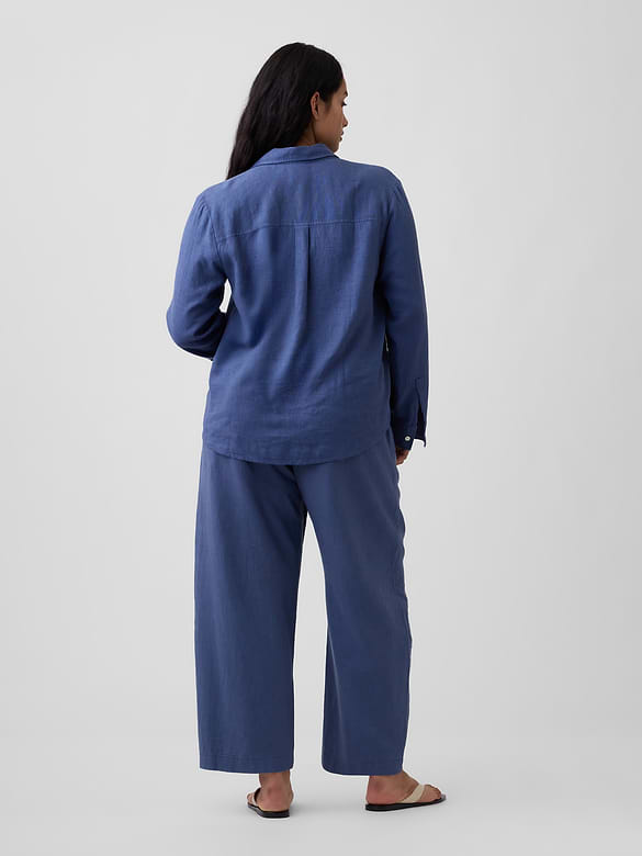 Mid Rise Pull-On Linen-Blend Barrel Pants