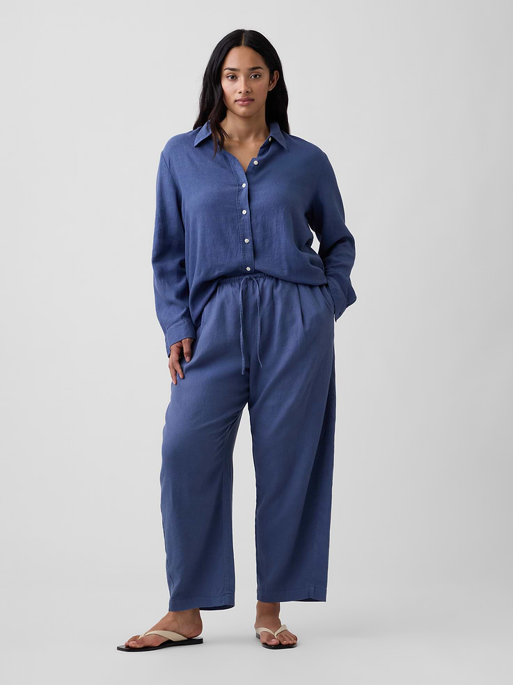 Image number 5 showing, Mid Rise Pull-On Linen-Blend Barrel Pants