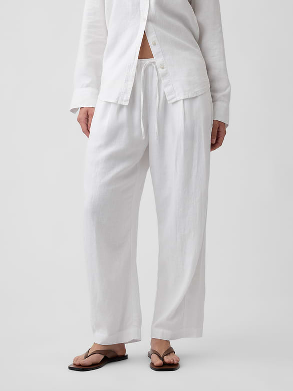 Mid Rise Pull-On Linen-Blend Barrel Pants