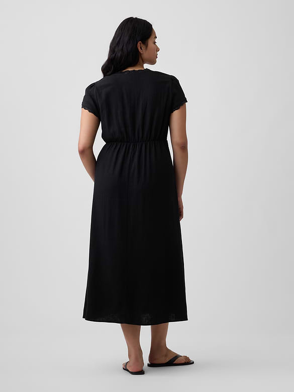 Linen-Blend Lace-Trim Midi Dress