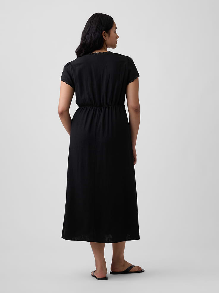 Image 5 of 6, Linen-Blend Lace-Trim Midi Dress