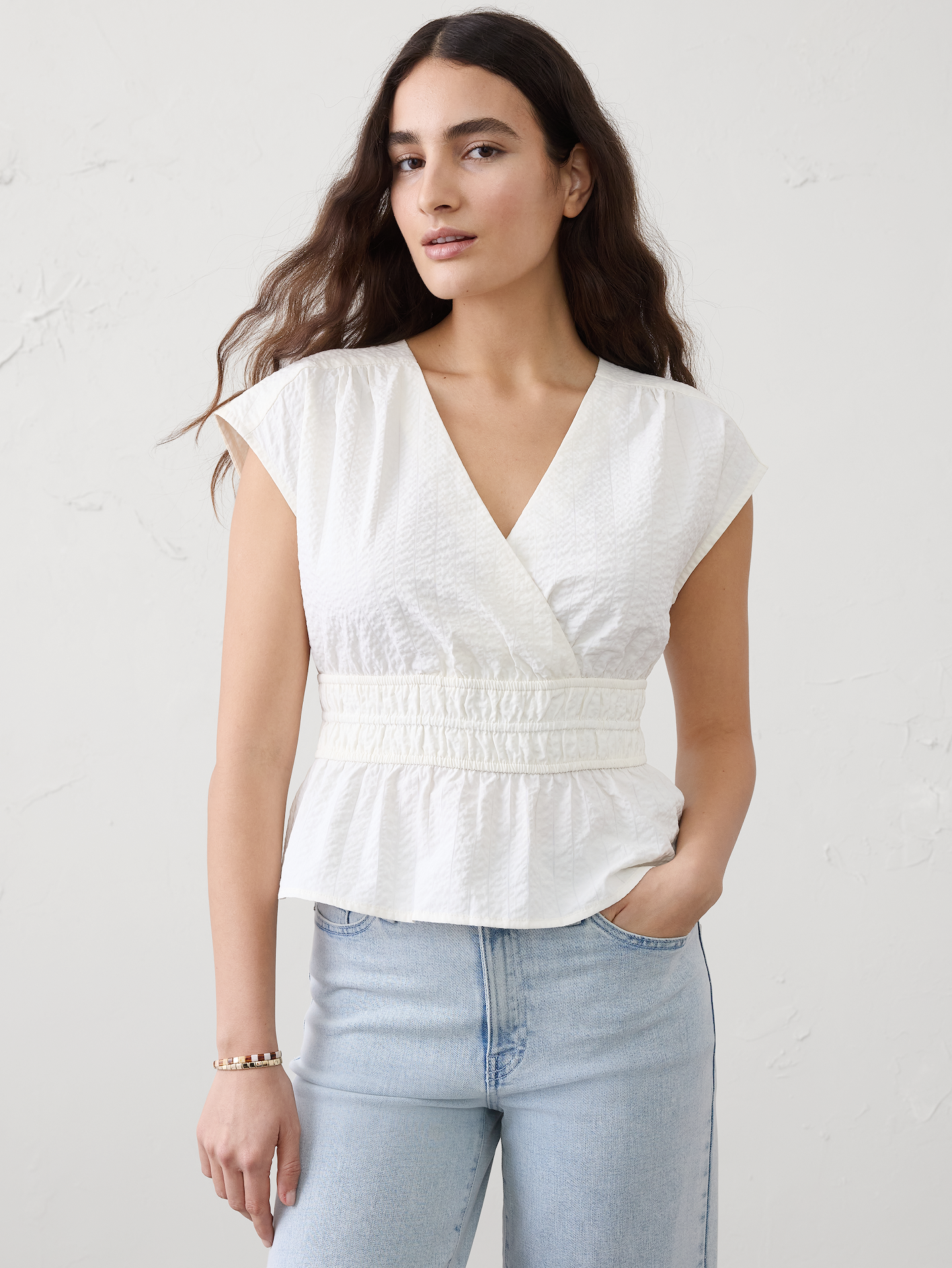 Image number 1 showing, Seersucker Elastic Surplice Top
