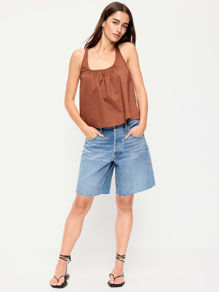 Image number 1 showing, Mid-Rise Baggy Jean Cut-Off Shorts -- 9-inch inseam