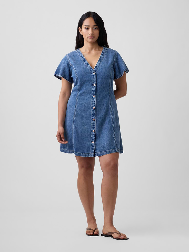 Image 4 of 6, Denim Flutter Sleeve Mini Dress