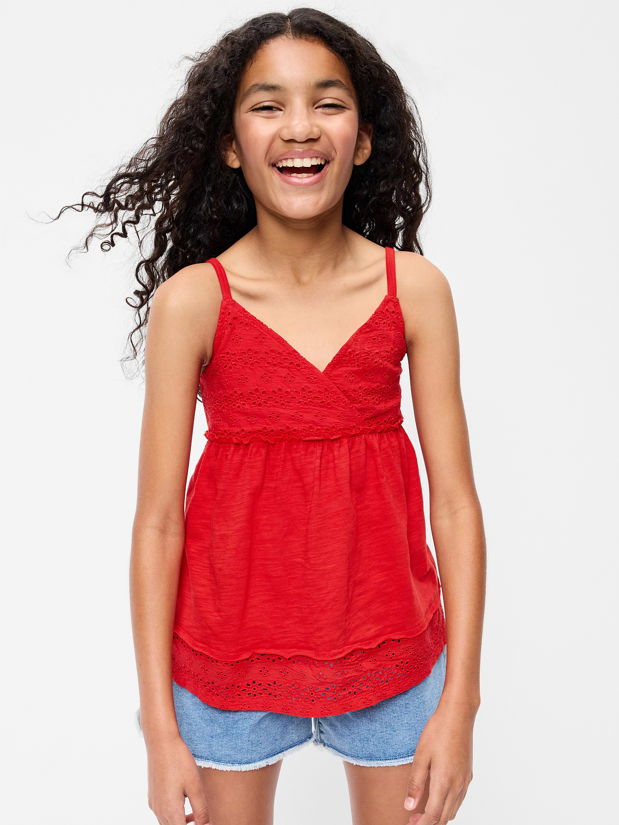 Image 1 of 1, v neckline, adjustable spaghetti straps, eyelet detail at top and hem, Product #893930
