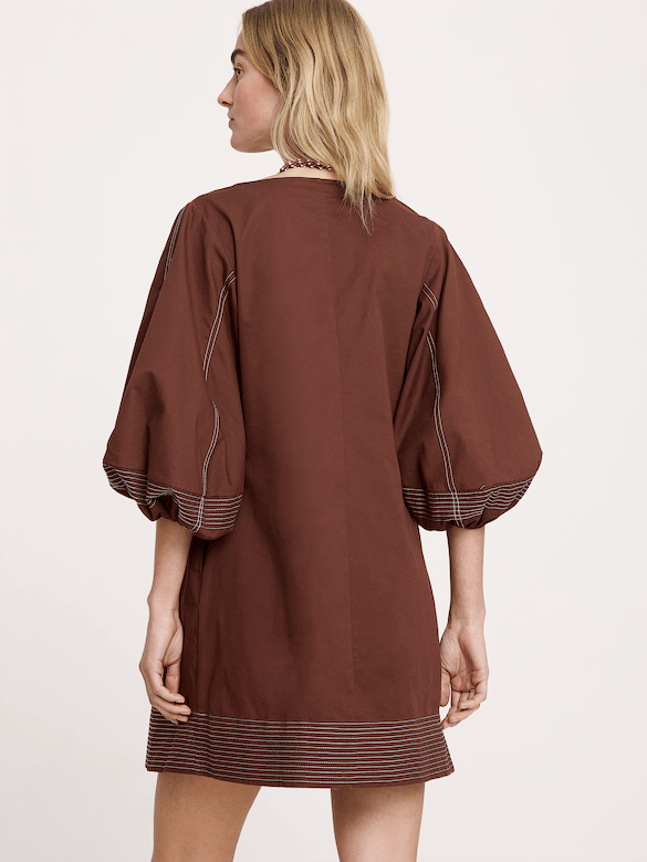 Cotton-Twill Lantern-Sleeve Mini Dress