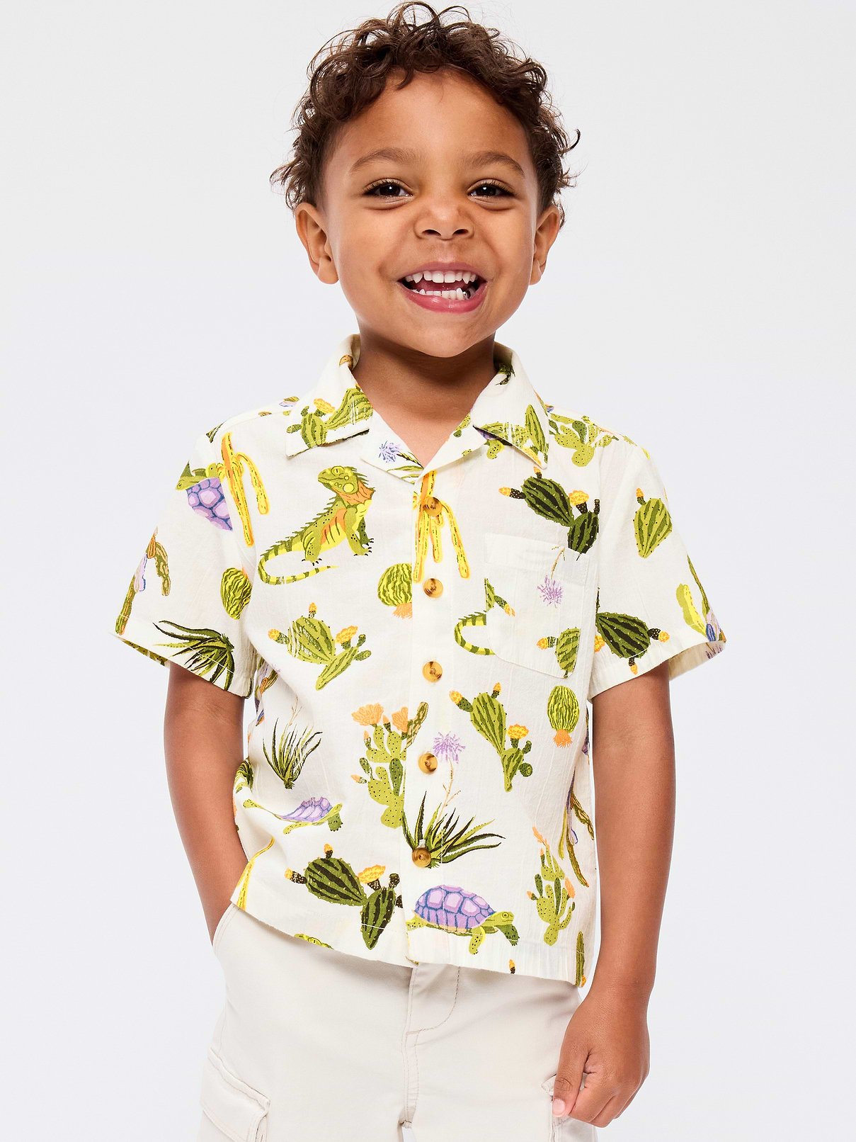 Image number 1 showing, Printed Short-Sleeve Crinkled Pocket Shirt for Toddler Boys