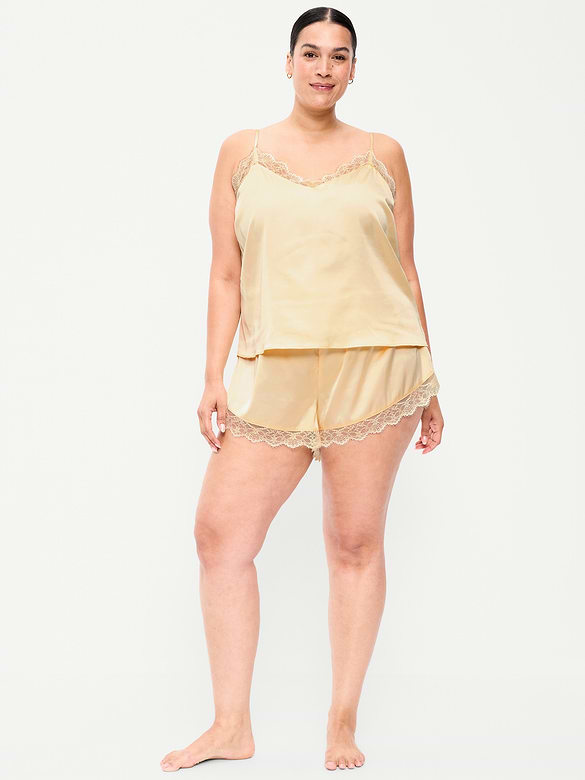 Satin Lace-Trim Pajama Tank and Shorts Set